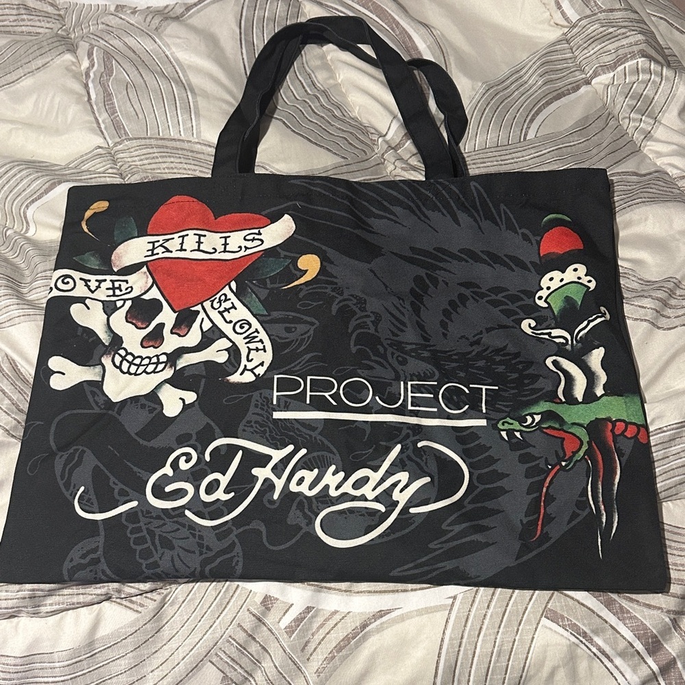 Exclusive Ed Hardy Black Tote with Skull and Heart Design